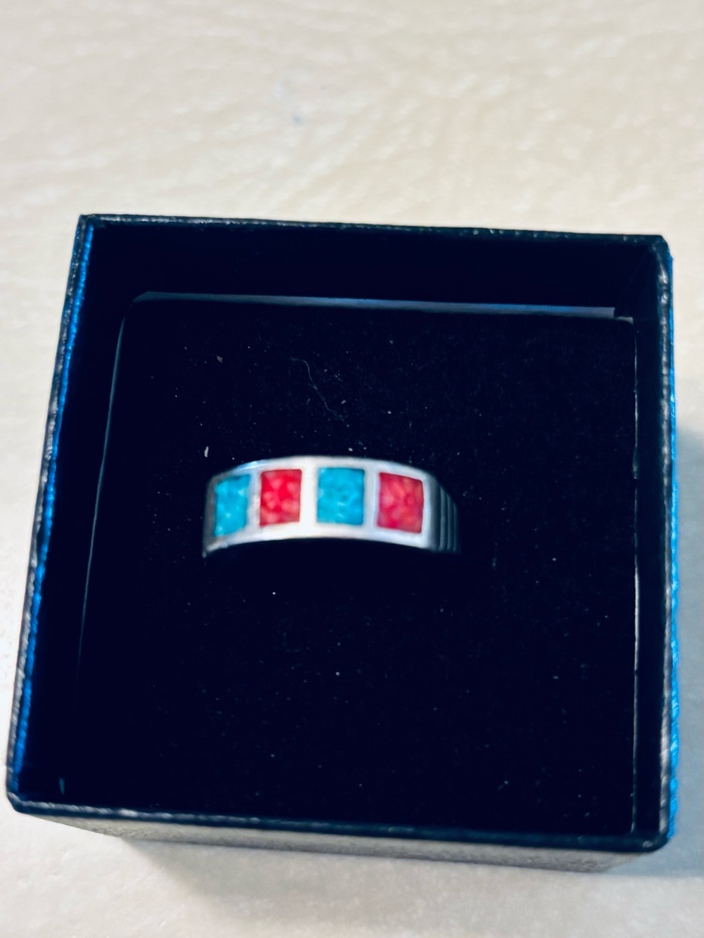 Sterling Silver Inlay Band Ring with Turquoise and Red Accents Sz. 7